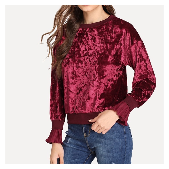 Burgundy Red Long Sleeve Crushed Velvet Sweatshirt - Picture 2 of 5